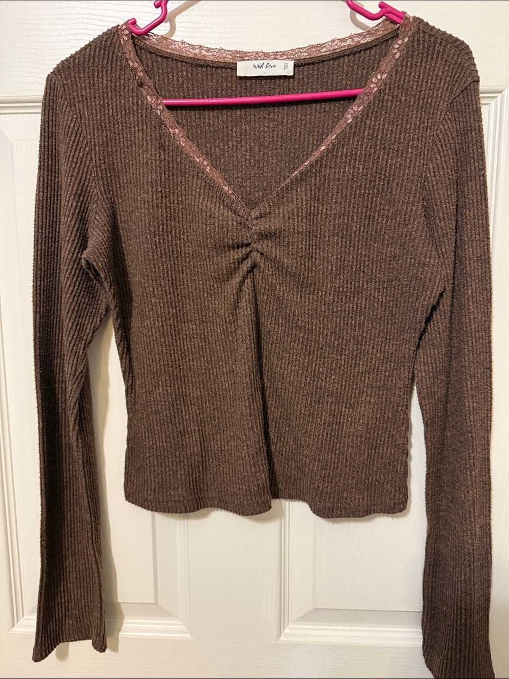 wild fable Brown Ribbed V-Neck Long Sleeve Top with Lace Trim